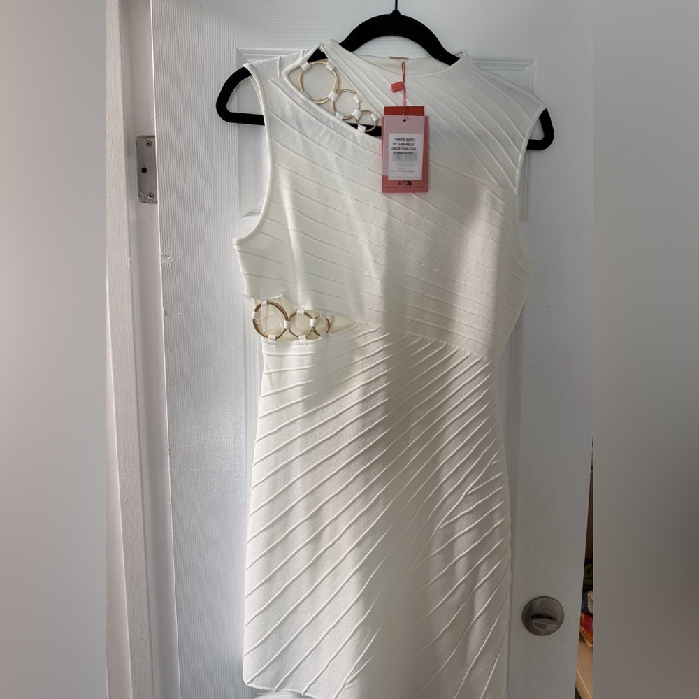Brand New Cult Gaia Ivory High-Neck Gold Hoop Mini Dress - Picture 4 of 5